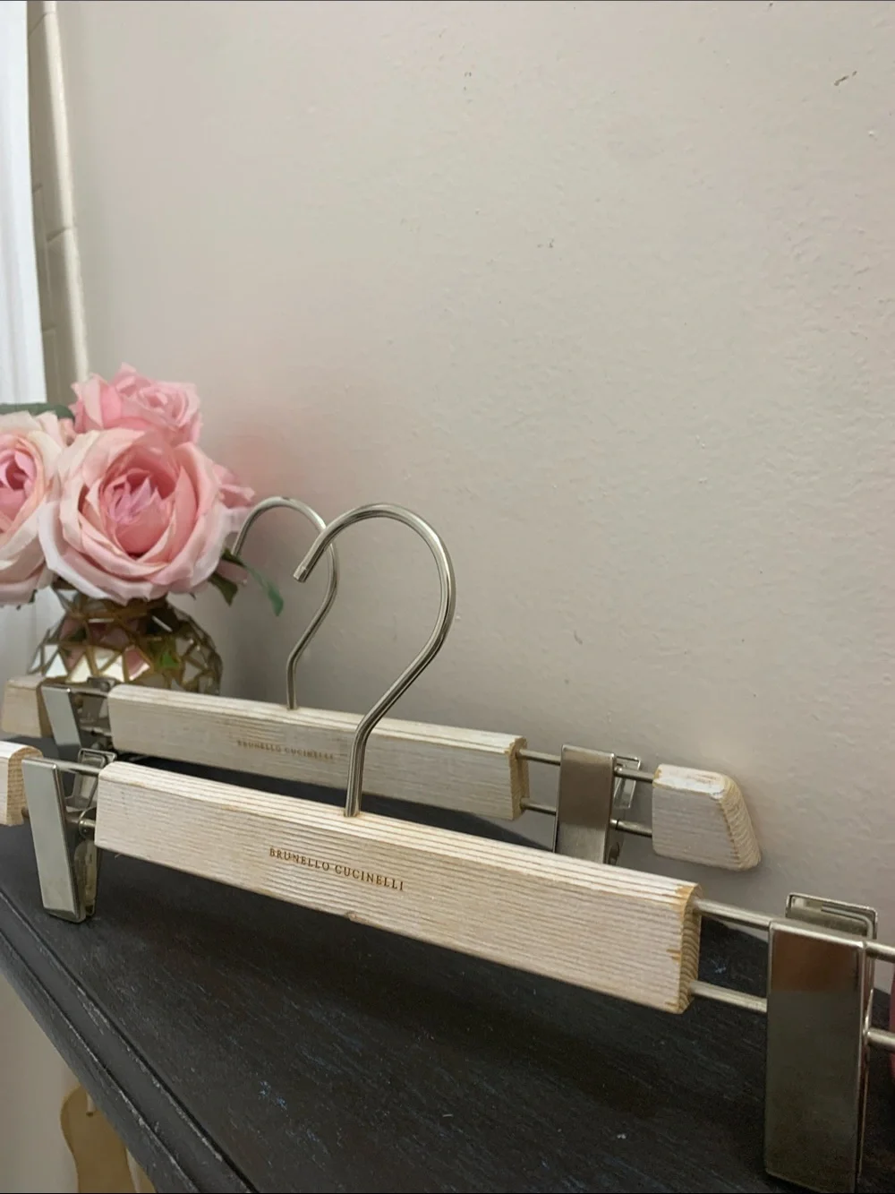 Brunello Cucinelli Natural Wood & Silver Clip Luxury Brand Hangers Set of 2